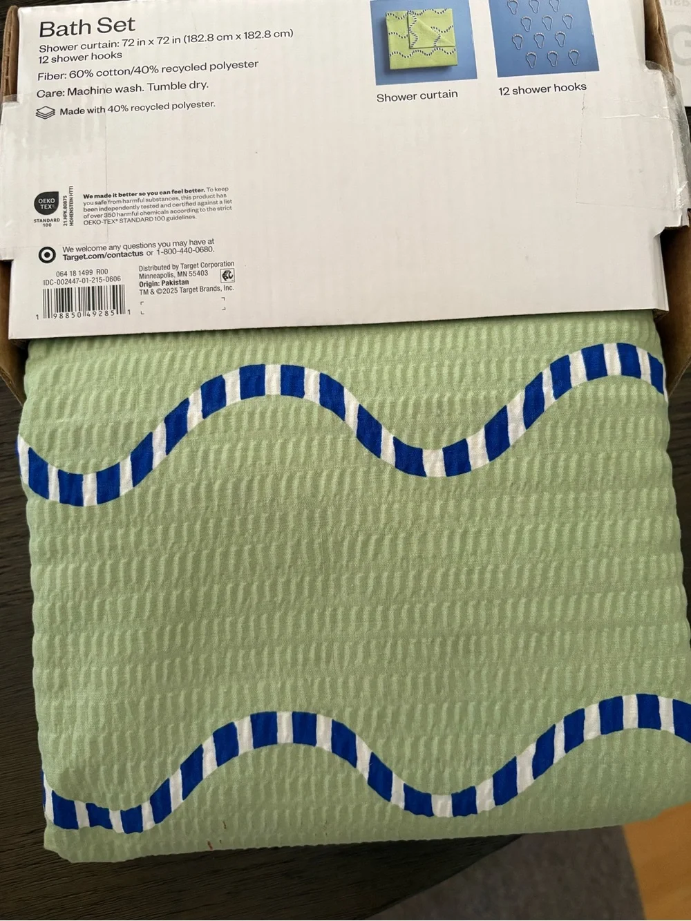 Room Essentials Light Green Waffle Shower Curtain with Blue Stripe Accents